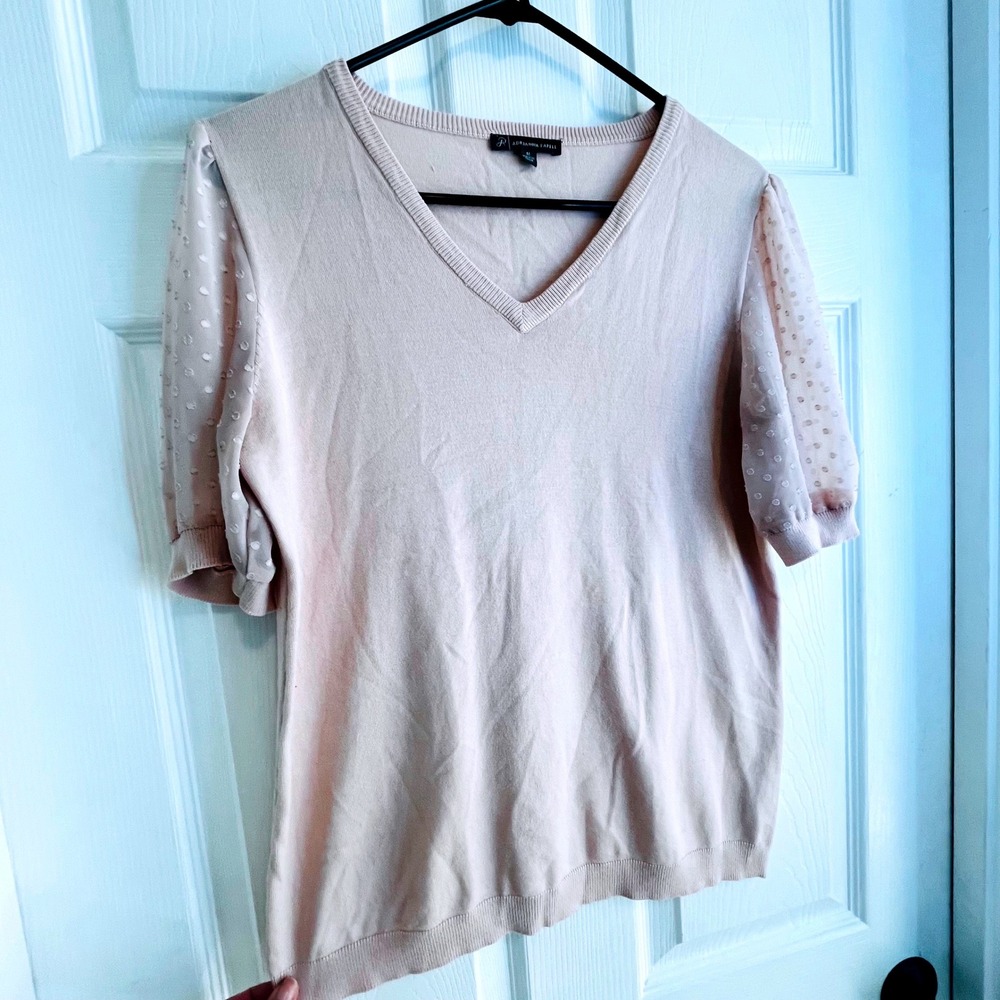 Adrianna Papell Pink V Neck Sheer Dot Sleeve Sweater Top Womens Medium
Romantic - Picture 6 of 8